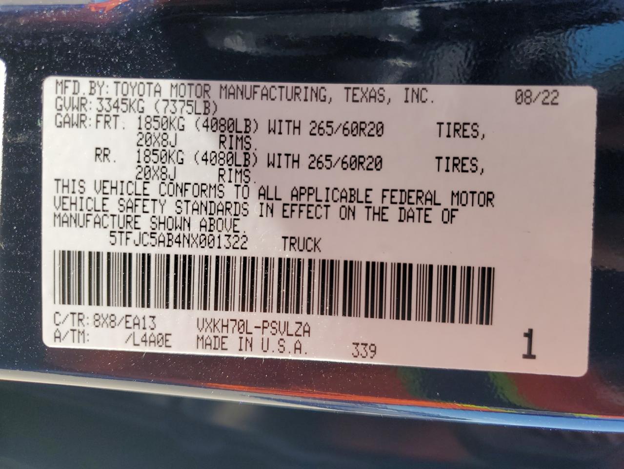 2022 TOYOTA TUNDRA CREWMAX LIMITED VIN:5TFJC5AB4NX001322