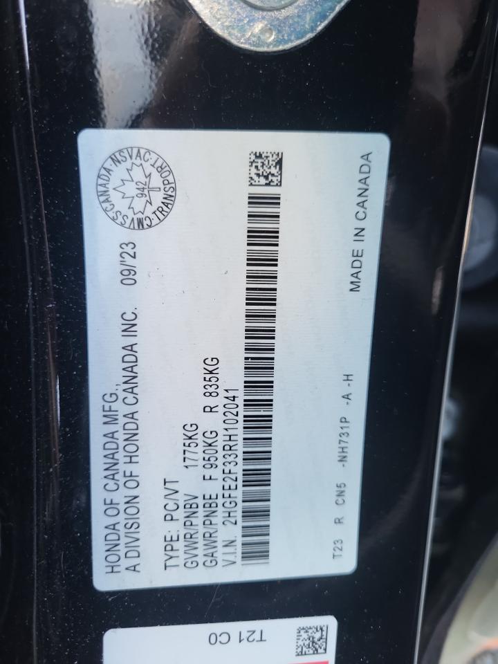 2024 HONDA CIVIC EX VIN:2HGFE2F33RH102041
