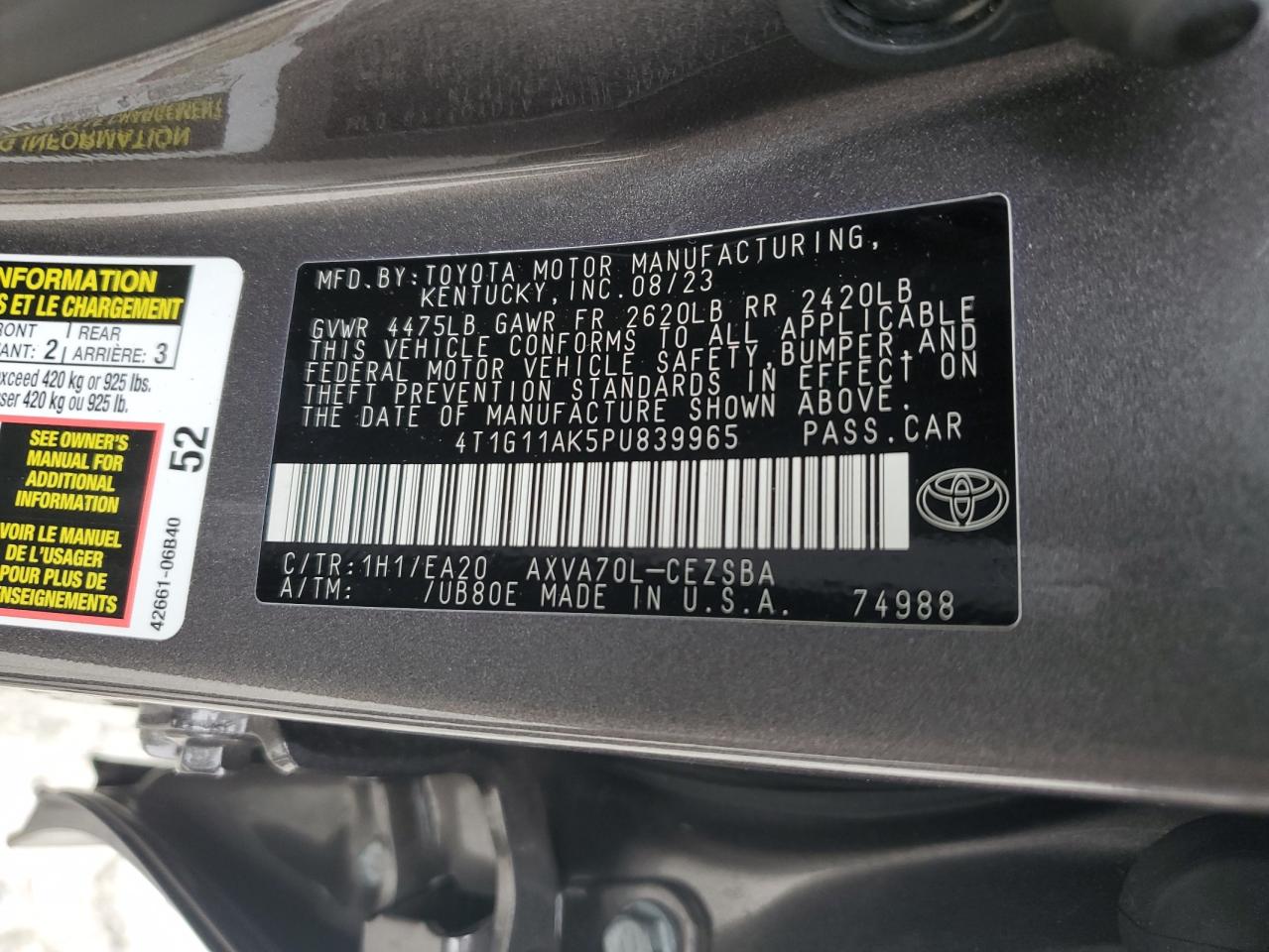 2023 TOYOTA CAMRY SE NIGHT SHADE VIN:4T1G11AK5PU839965