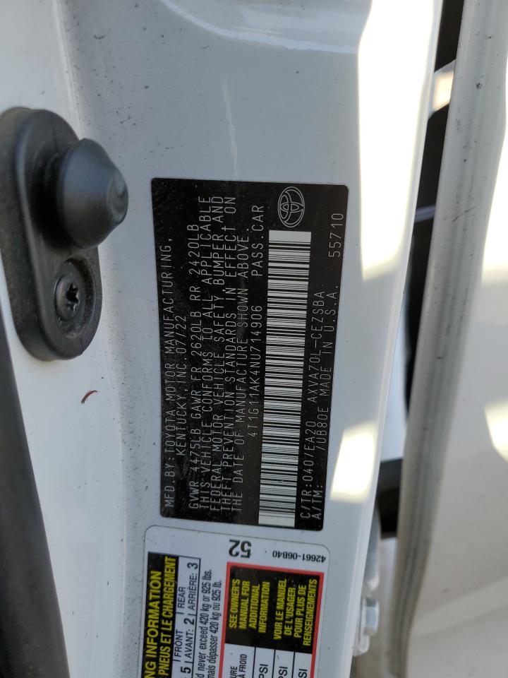 2022 TOYOTA CAMRY SE VIN:4T1G11AK4NU714906