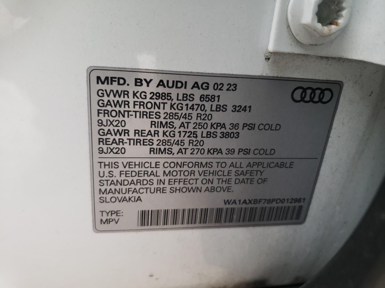 2023 AUDI Q7 PREMIUM VIN:WA1AXBF78PD012961