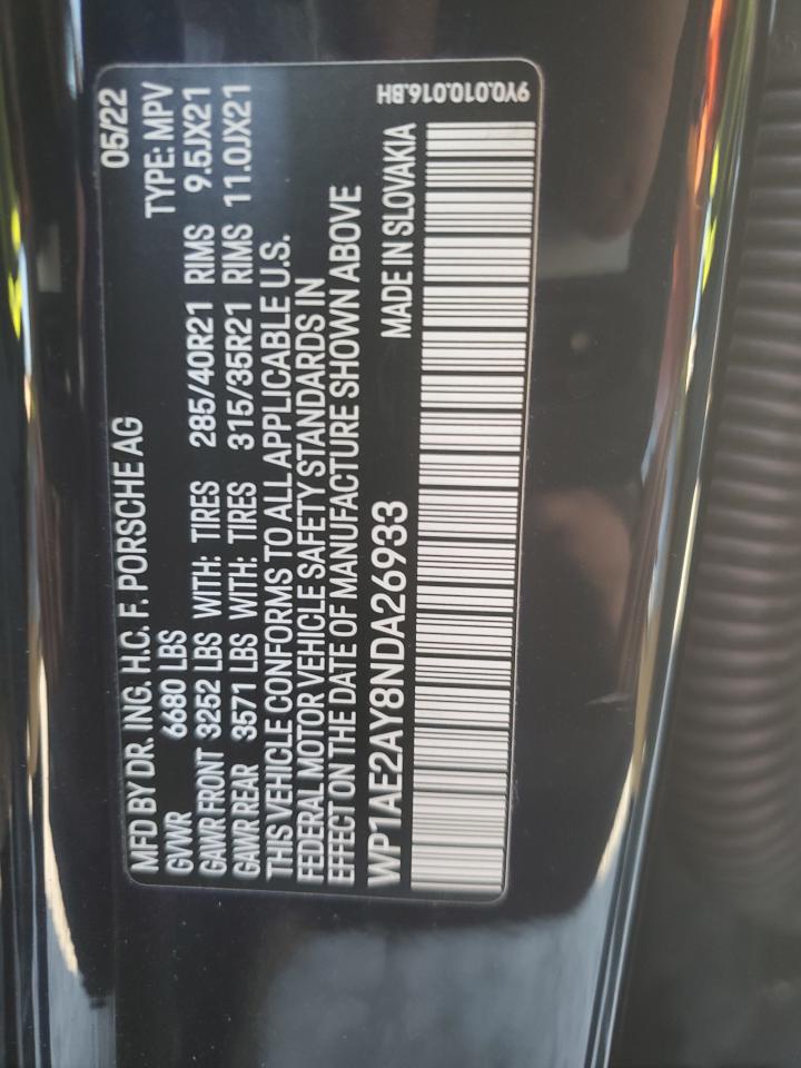 2022 PORSCHE CAYENNE E-HYBRID VIN:WP1AE2AY8NDA26933