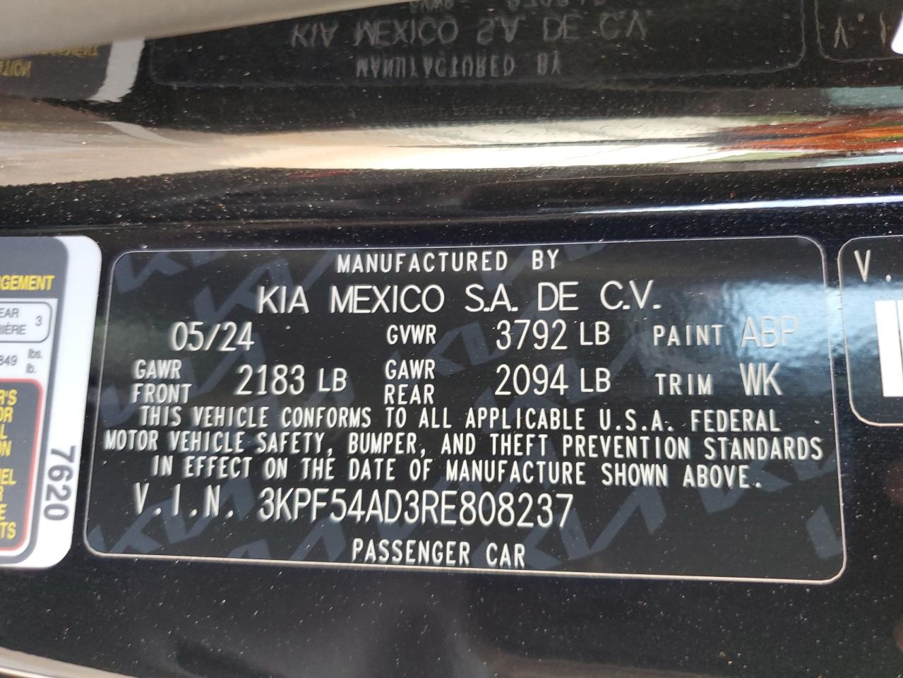2024 KIA FORTE GT LINE VIN:3KPF54AD3RE808237