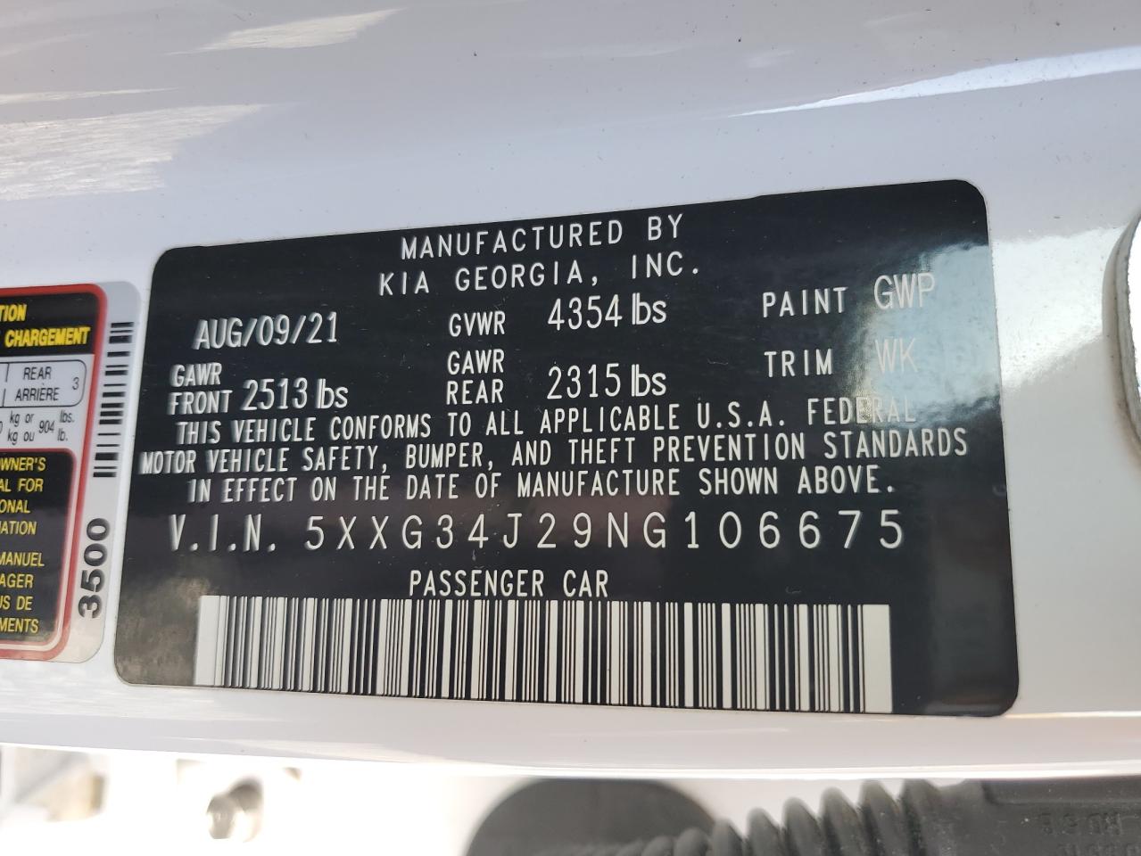 2022 KIA K5 EX VIN:5XXG34J29NG106675