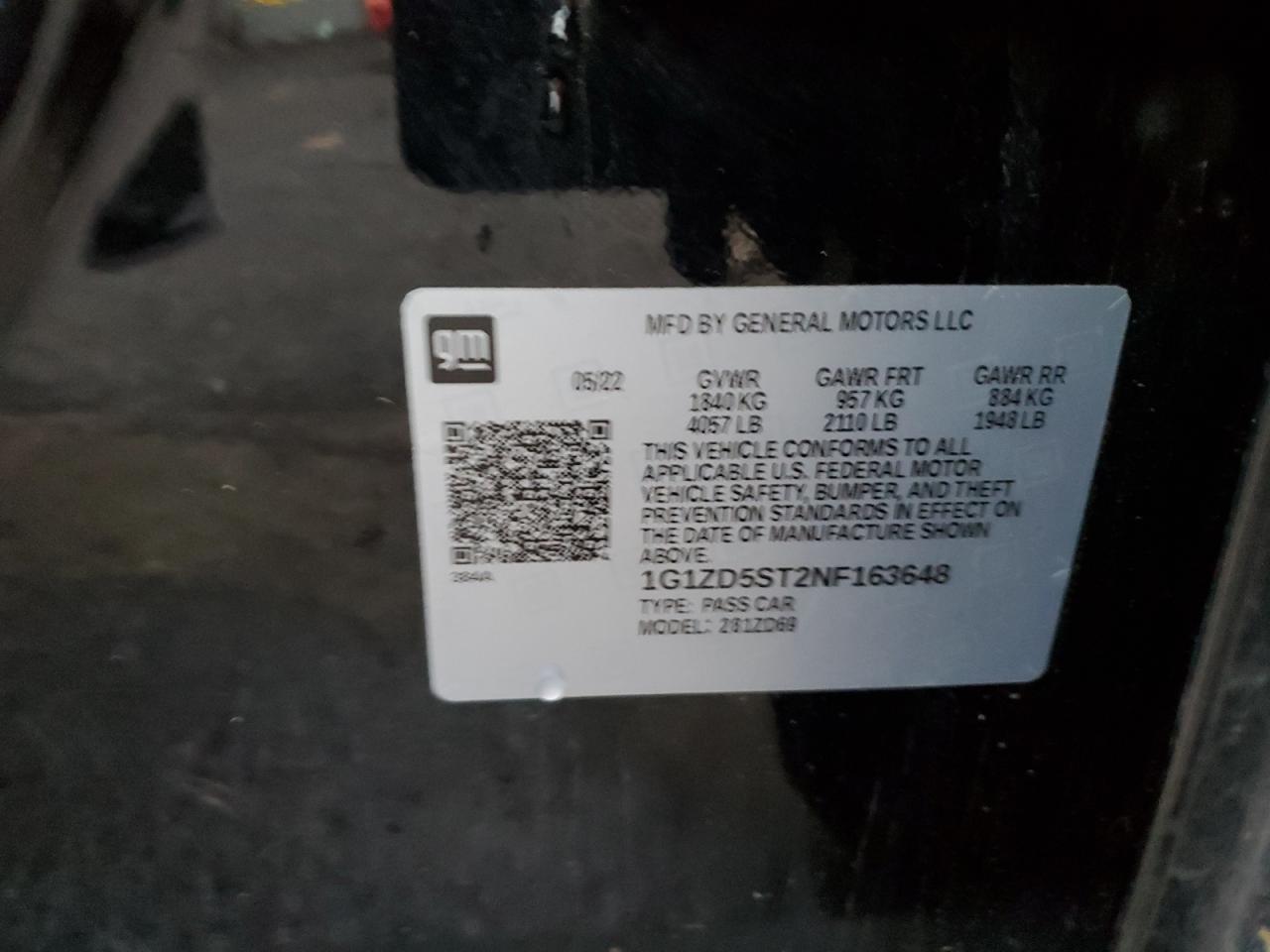 2022 CHEVROLET MALIBU LT VIN:1G1ZD5ST2NF163648