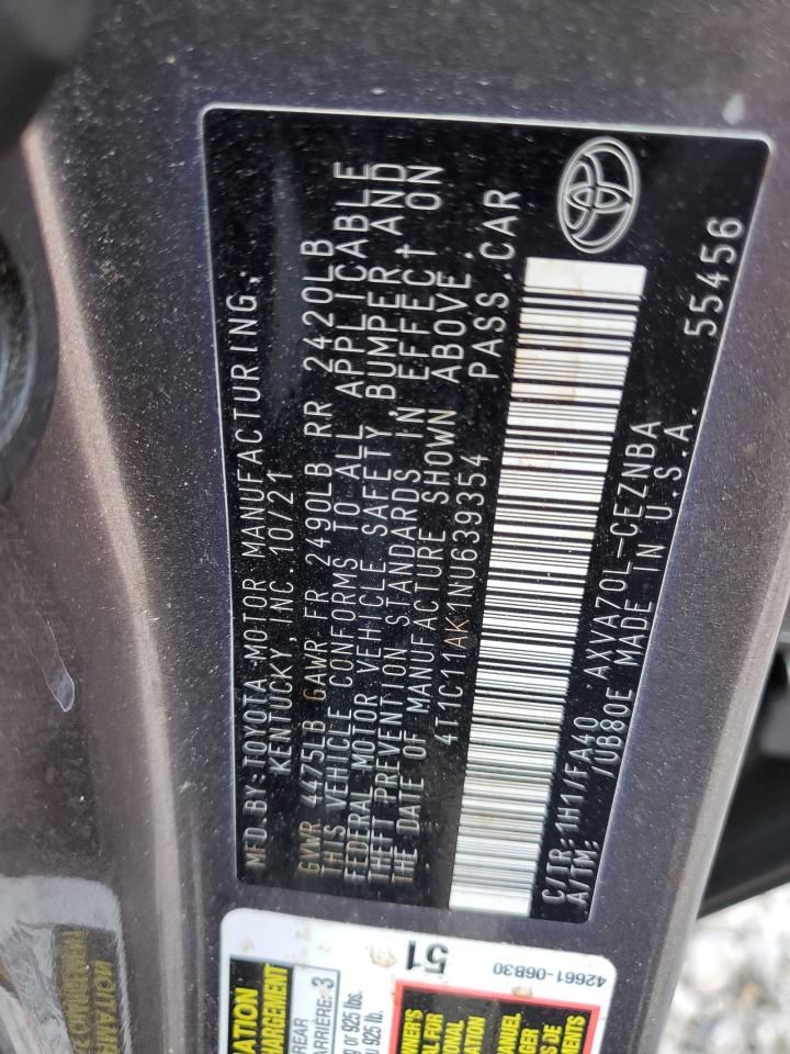 2022 TOYOTA CAMRY LE VIN:4T1C11AK1NU639354