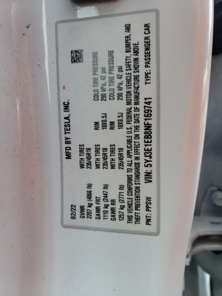 2022 TESLA MODEL 3  VIN:5YJ3E1EB8NF169741