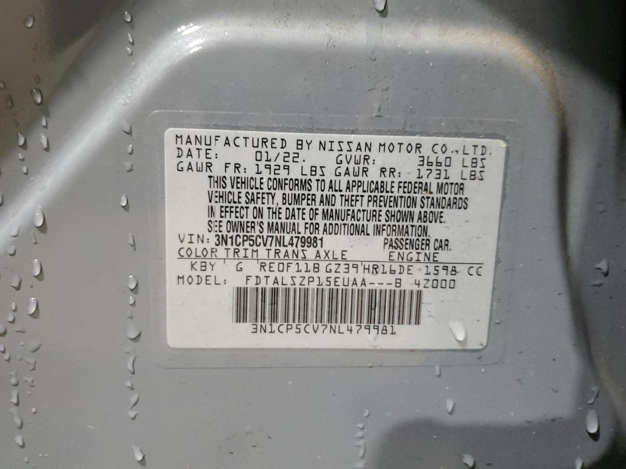 2022 NISSAN KICKS SV VIN:3N1CP5CV7NL479981