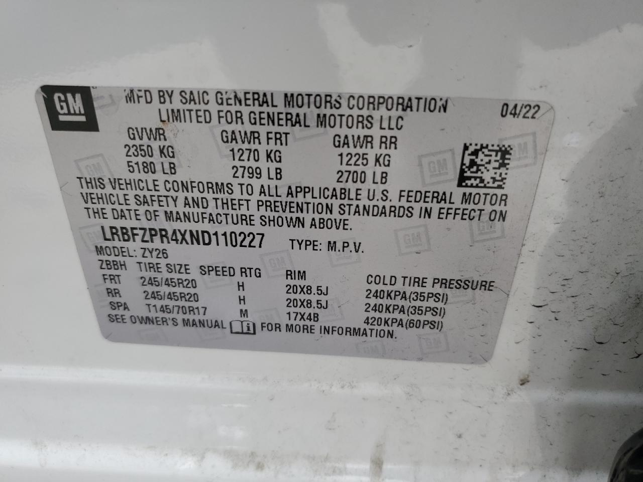 2022 BUICK ENVISION ESSENCE VIN:LRBFZPR4XND110227