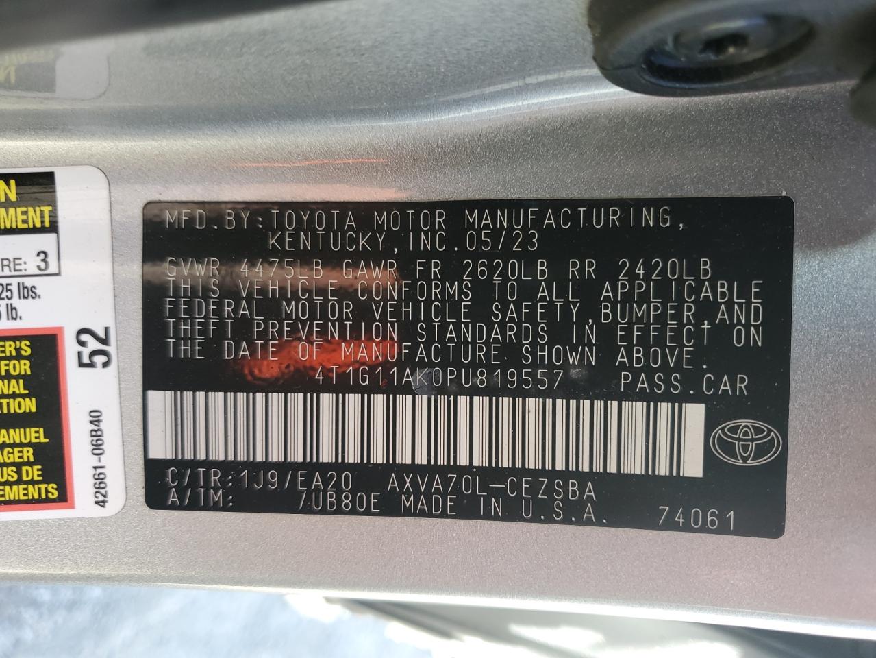 2023 TOYOTA CAMRY SE NIGHT SHADE VIN:4T1G11AK0PU819557