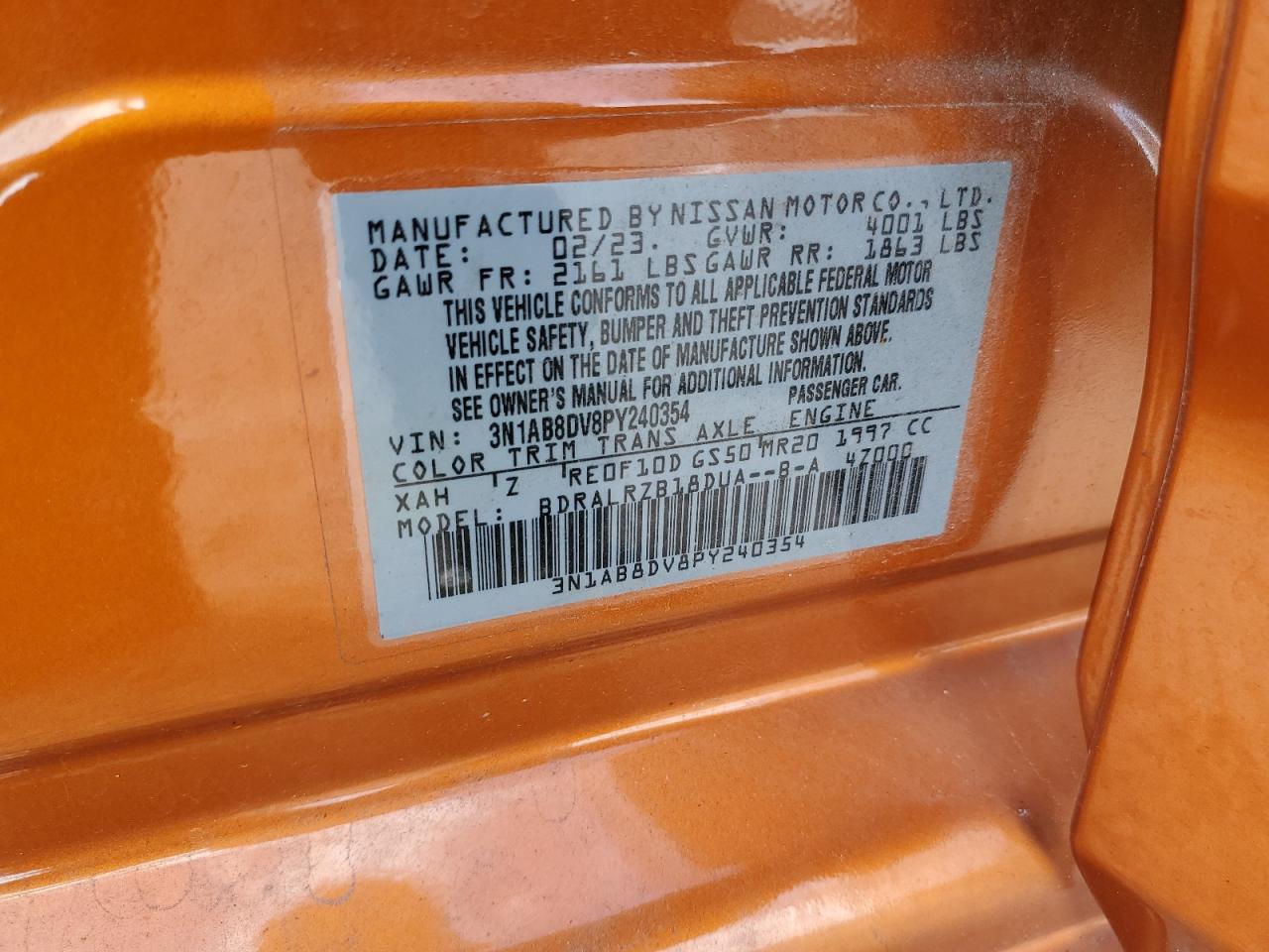 2023 NISSAN SENTRA SR VIN:3N1AB8DV8PY240354