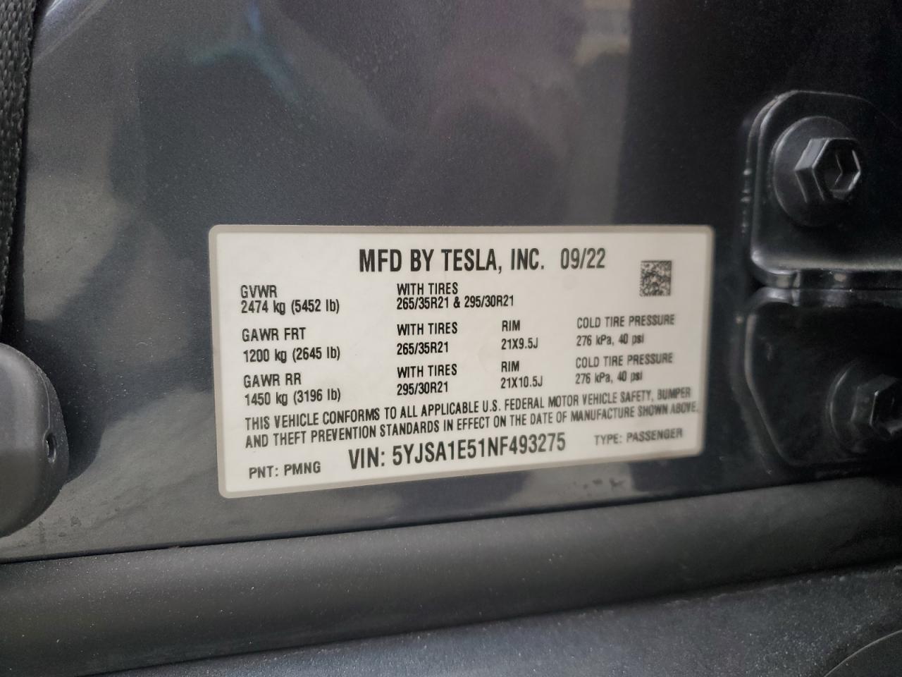 2022 TESLA MODEL S  VIN:5YJSA1E51NF493275