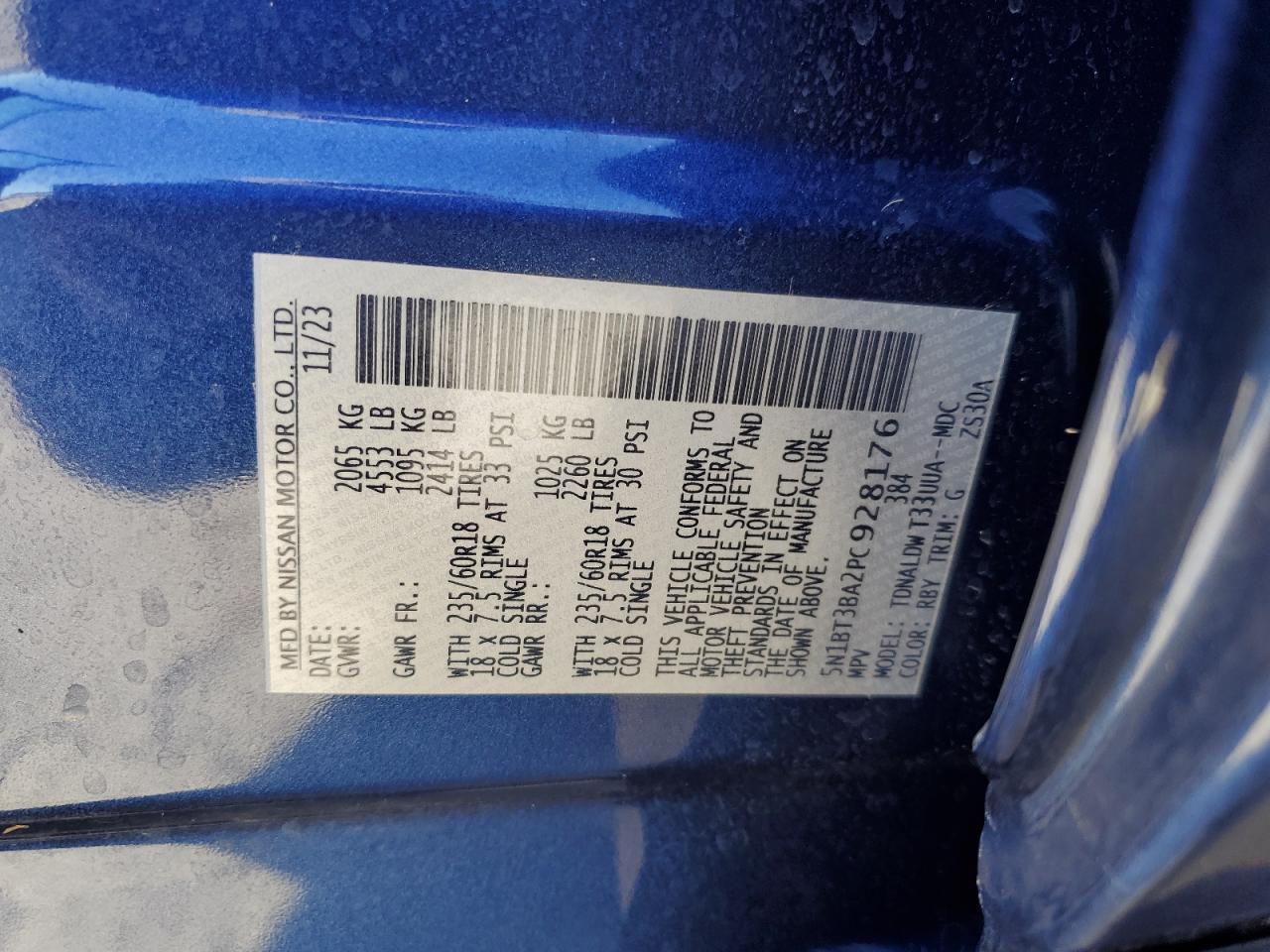 2023 NISSAN ROGUE SV VIN:JN1CZ04S4BX606963