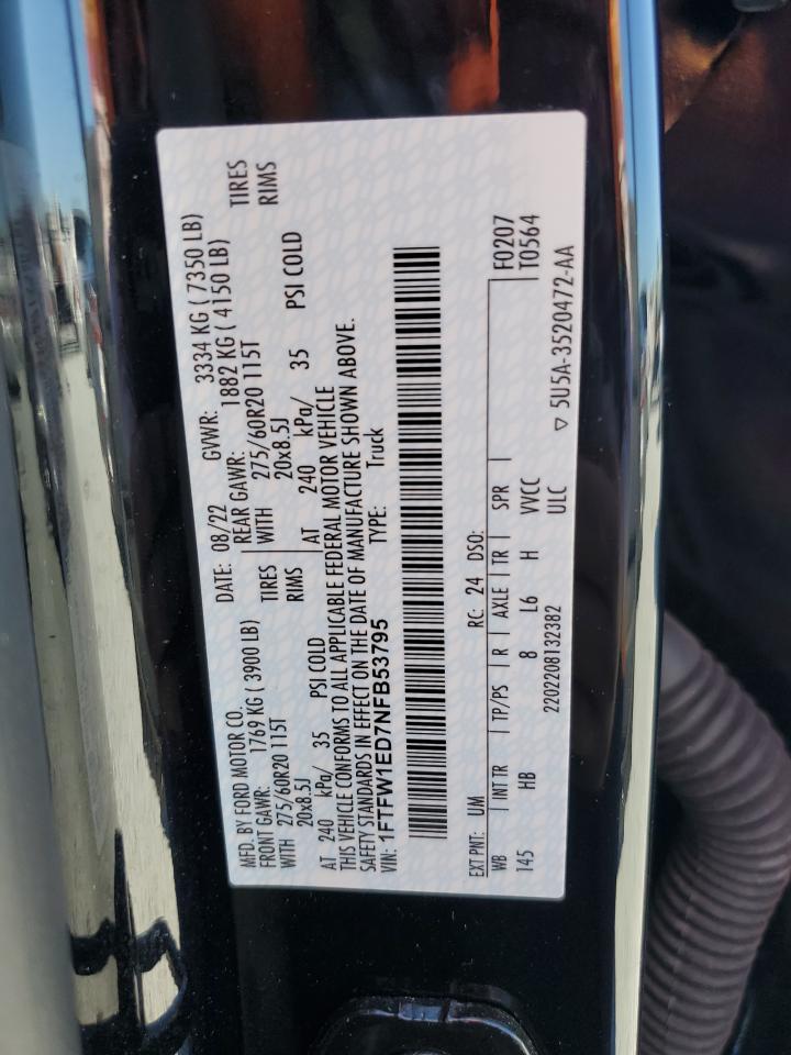 2022 FORD F150 SUPERCREW VIN:1FTFW1ED7NFB53795