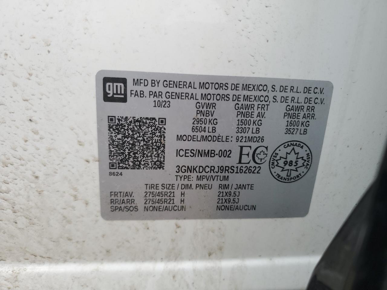 2024 CHEVROLET BLAZER RS VIN:3GNKDCRJ9RS162622