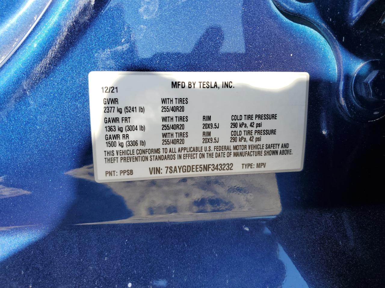 2022 TESLA MODEL Y  VIN:7SAYGDEE5NF343232