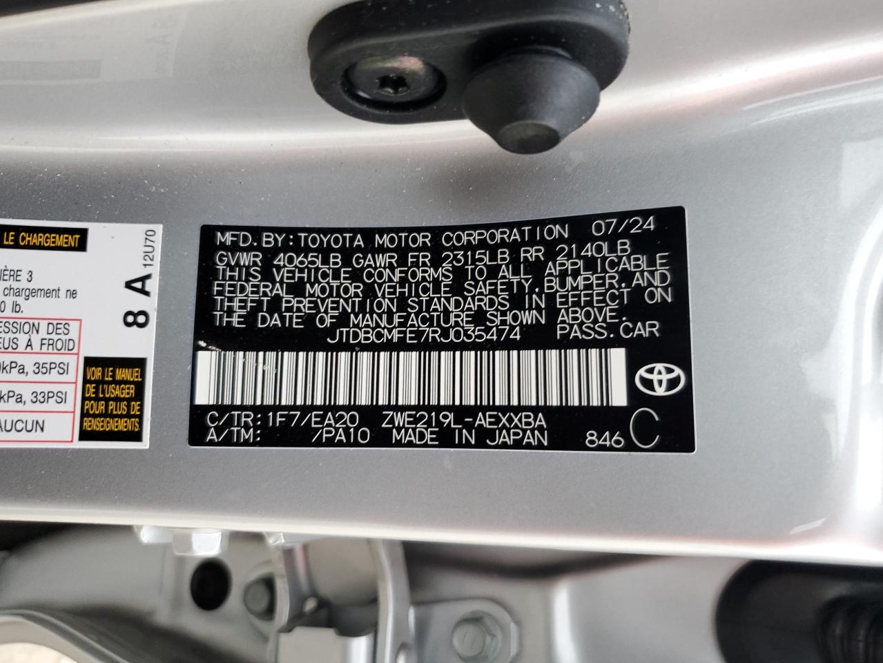 2024 TOYOTA COROLLA LE VIN:JTDBCMFE7RJ035474