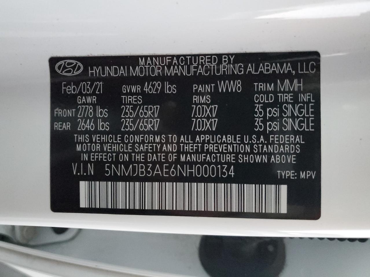 2022 HYUNDAI TUCSON SEL VIN:5NMJB3AE6NH000134