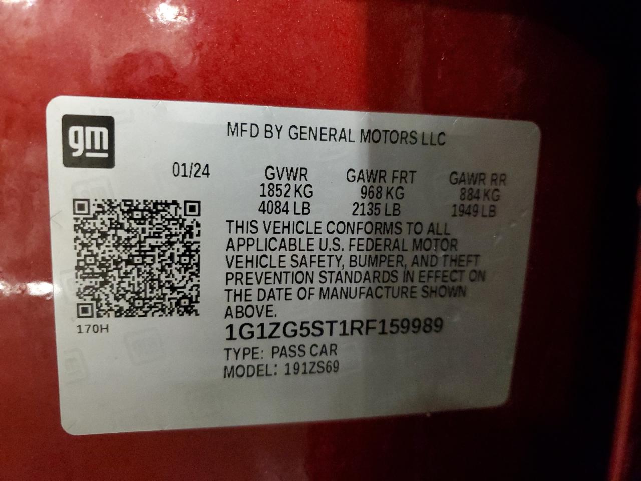 2024 CHEVROLET MALIBU RS VIN:1G1ZG5ST1RF159989