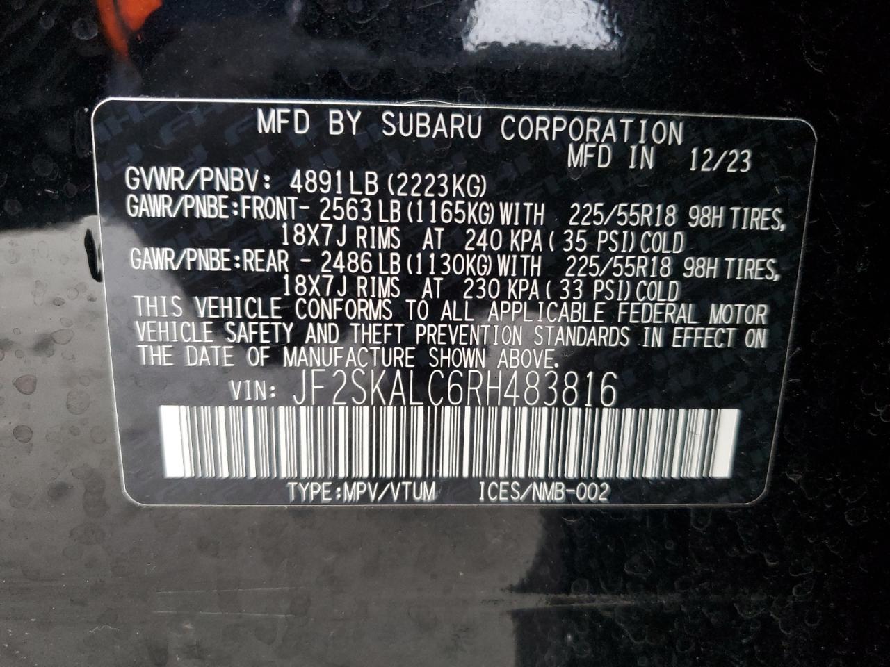 2024 SUBARU FORESTER LIMITED VIN:JF2SKALC6RH483816
