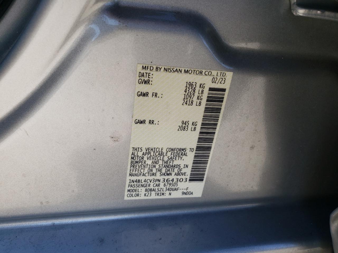 2023 NISSAN ALTIMA SR VIN:1N4BL4CV3PN364303