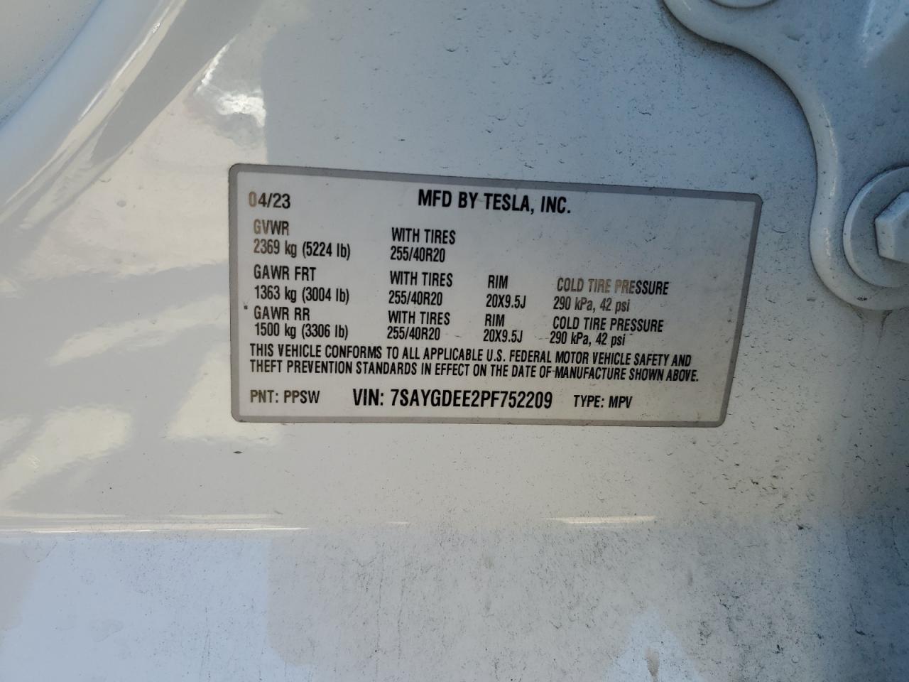 2023 TESLA MODEL Y  VIN:7SAYGDEE2PF752209