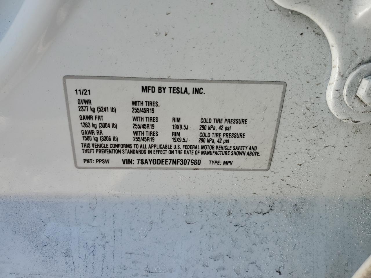2022 TESLA MODEL Y  VIN:7SAYGDEE7NF307980