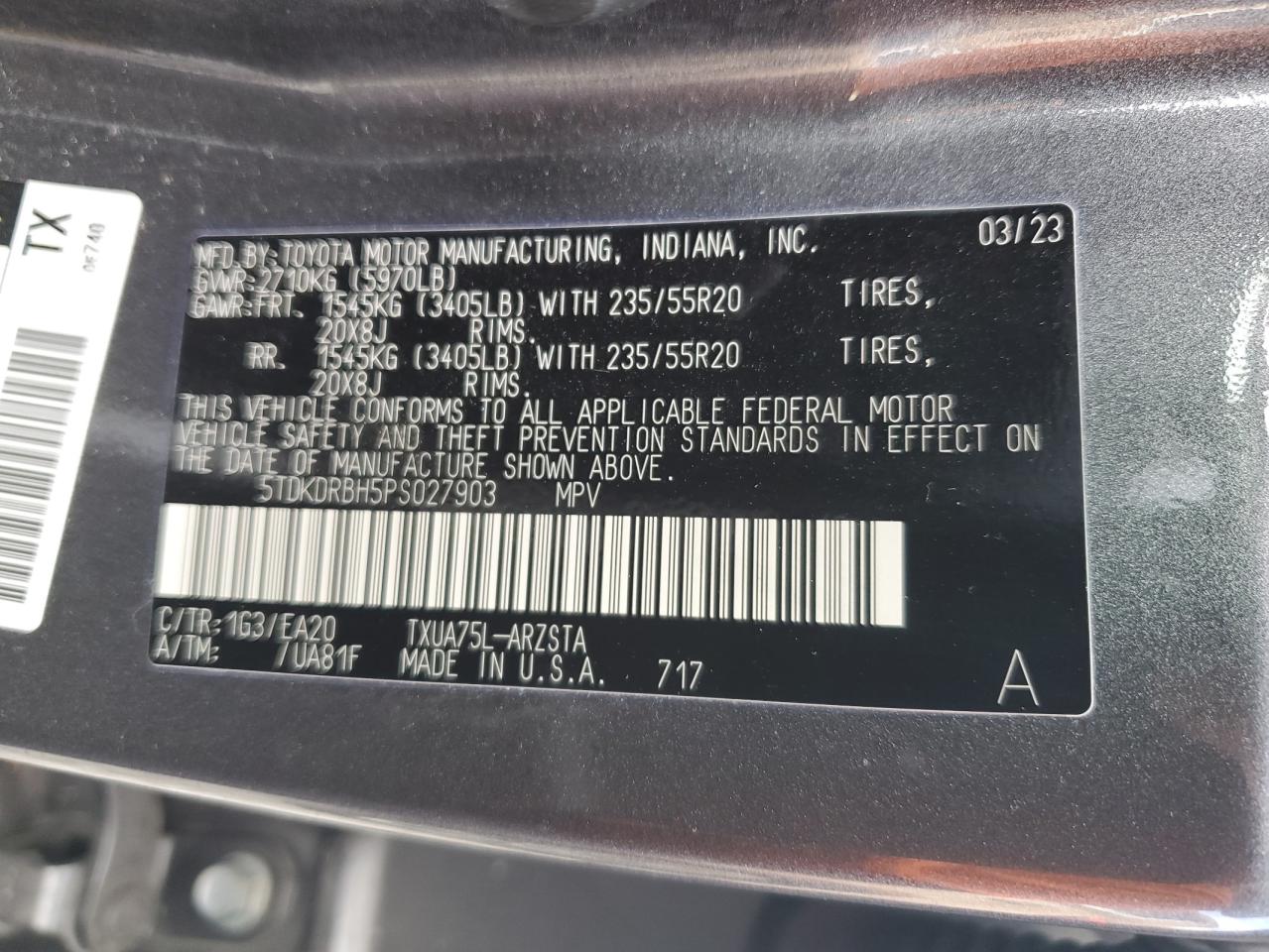 2023 TOYOTA HIGHLANDER L VIN:5TDKDRBH5PS027903