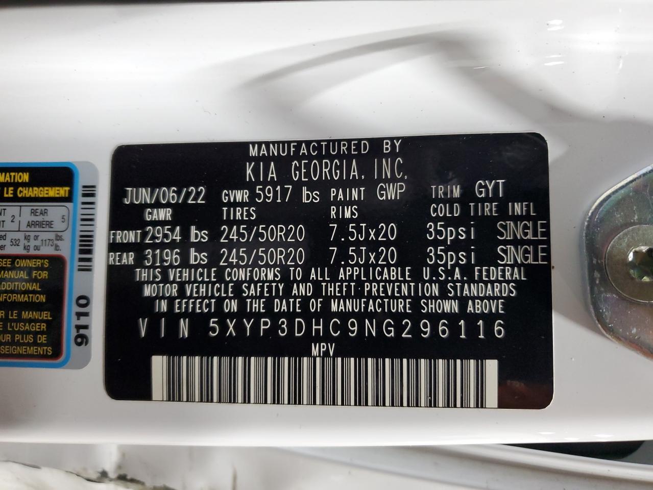 2022 KIA TELLURIDE EX VIN:5XYP3DHC9NG296116