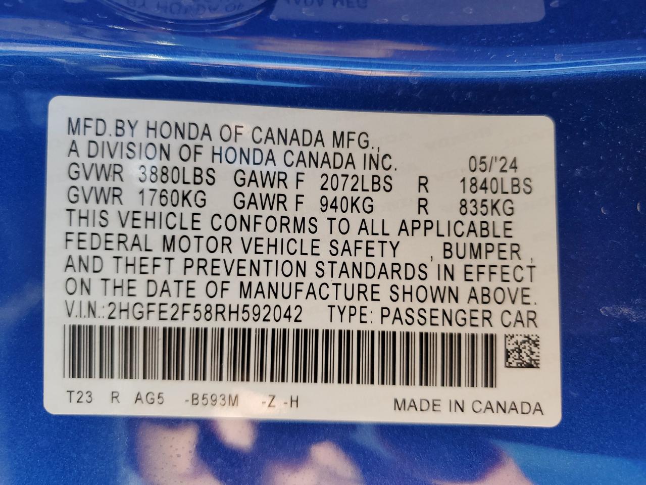 2024 HONDA CIVIC SPORT VIN:2HGFE2F58RH592042