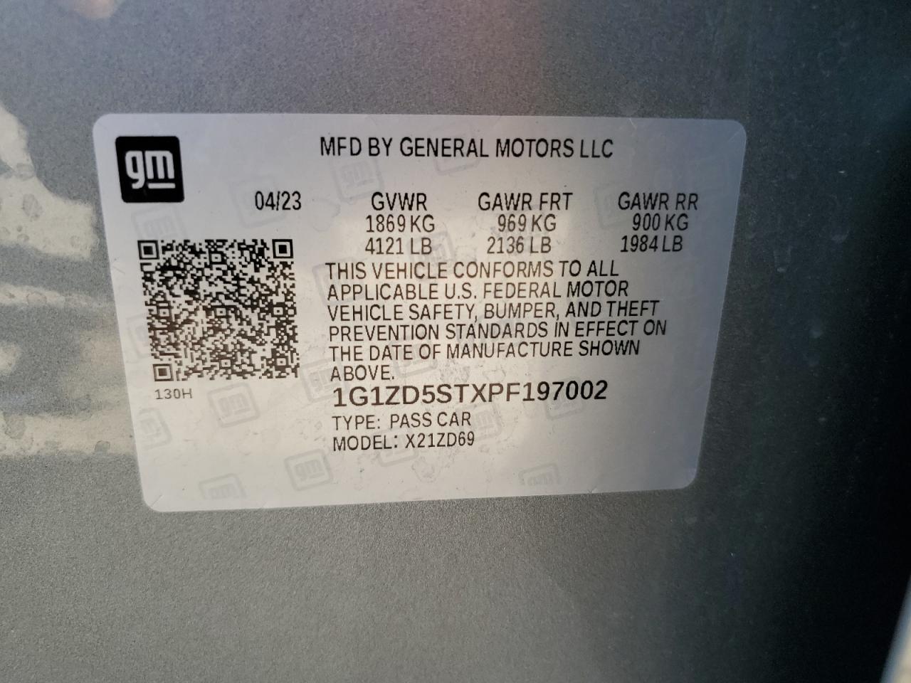 2023 CHEVROLET MALIBU LT VIN:1G1ZD5STXPF197002