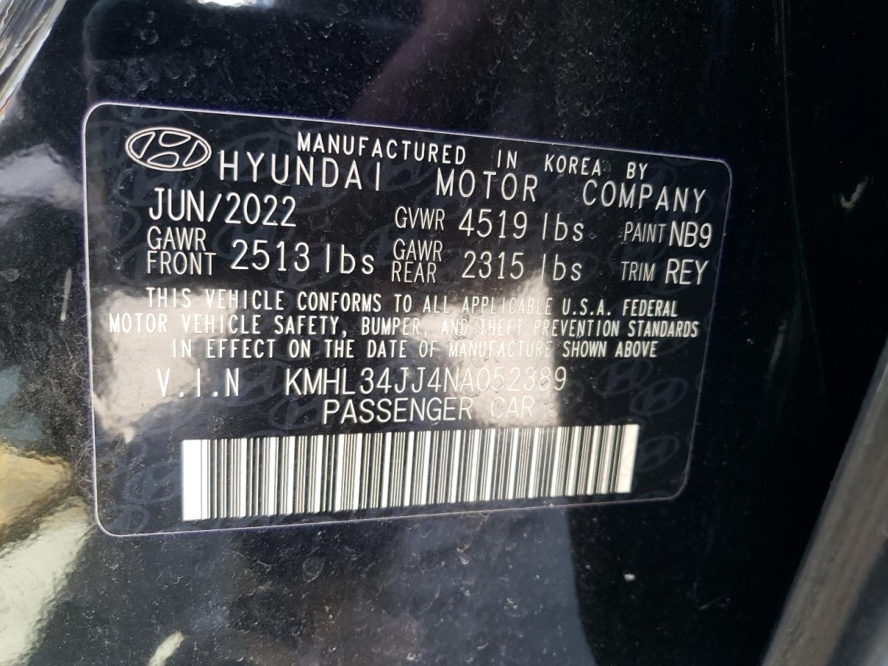 2022 HYUNDAI SONATA HYBRID VIN:KMHL34JJ4NA052389