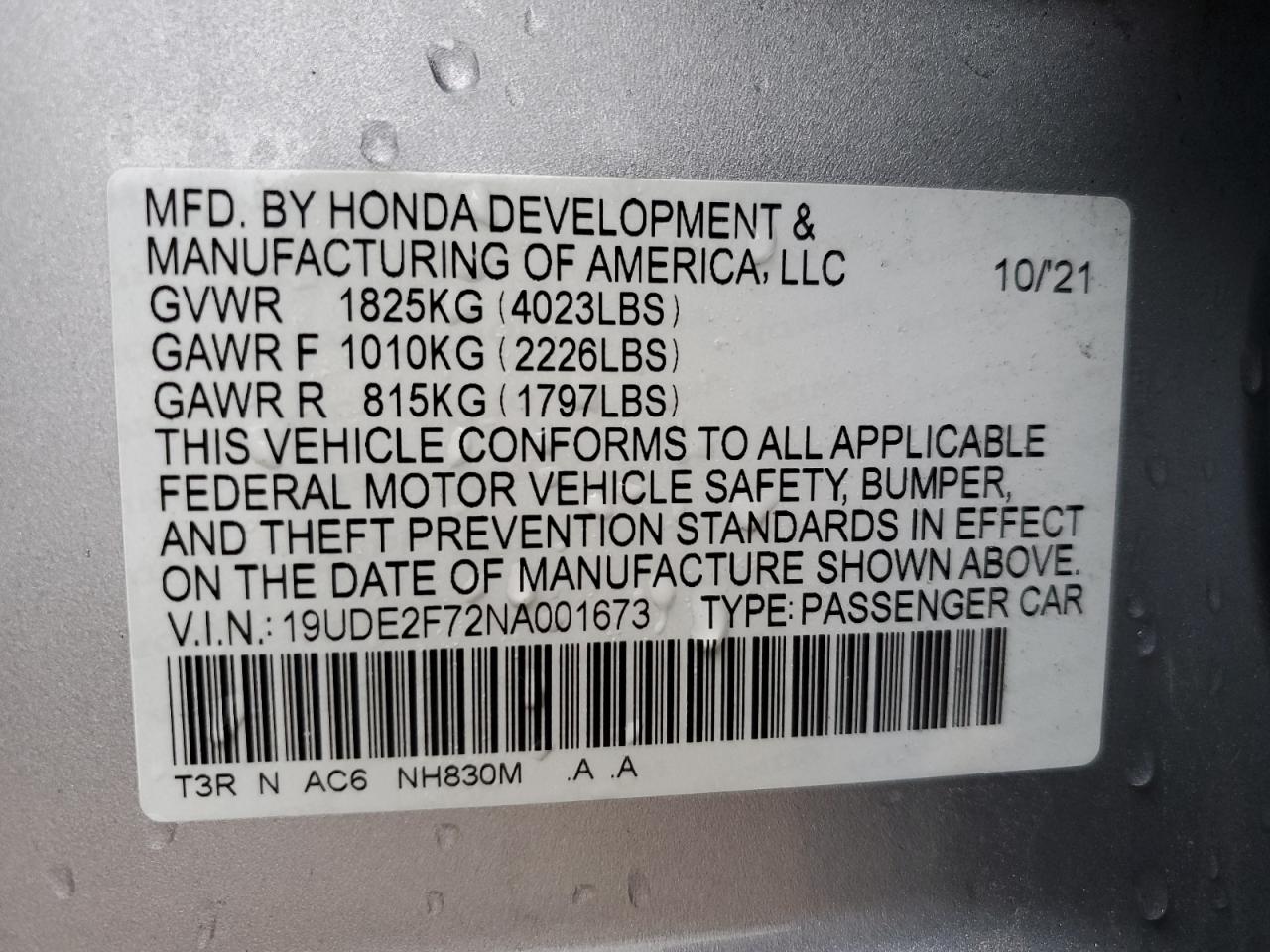 2022 ACURA ILX PREMIUM VIN:19UDE2F72NA001673
