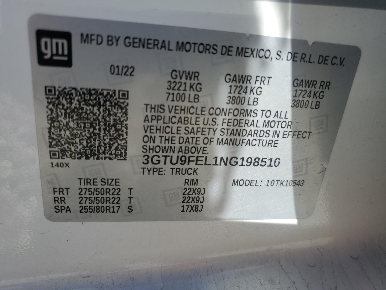 2022 GMC SIERRA LIMITED K1500 DENALI VIN:3GTU9FEL1NG198510