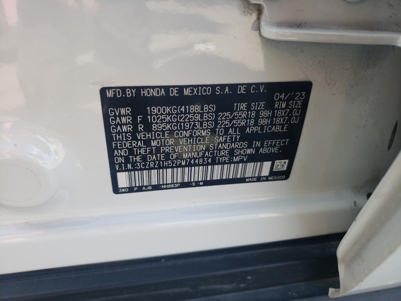 2023 HONDA HR-V SPORT VIN:3CZRZ1H52PM744834