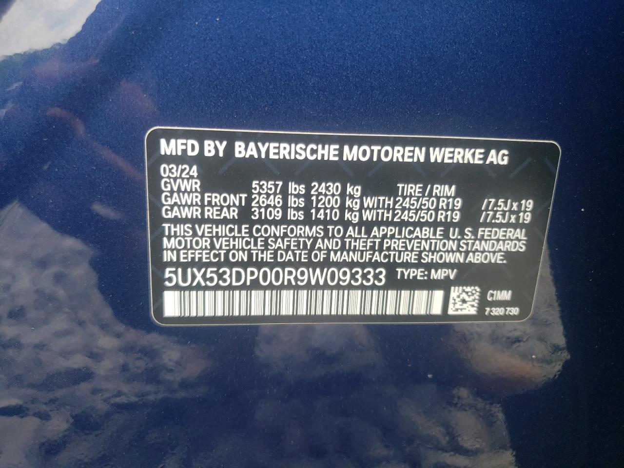 2024 BMW X3 XDRIVE30I VIN:5UX53DP00R9W09333