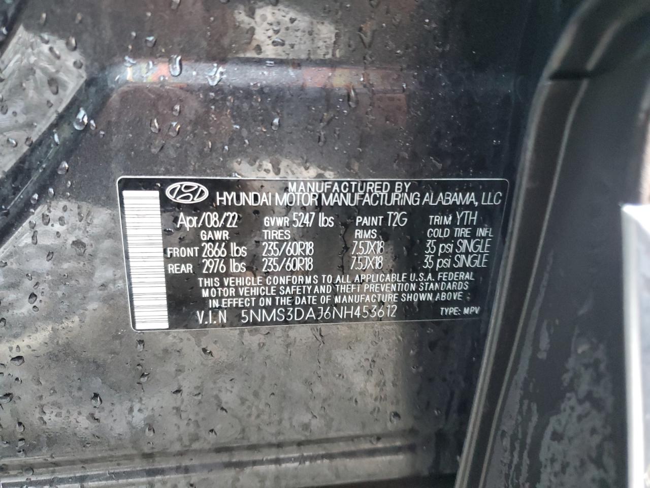 2022 HYUNDAI SANTA FE SEL VIN:5NMS3DAJ6NH453612