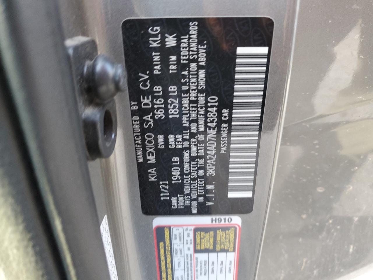 2022 KIA RIO LX VIN:3KPA24AD7NE438410