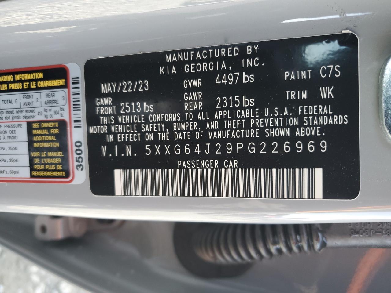 2023 KIA K5 GT LINE VIN:5XXG64J29PG226969