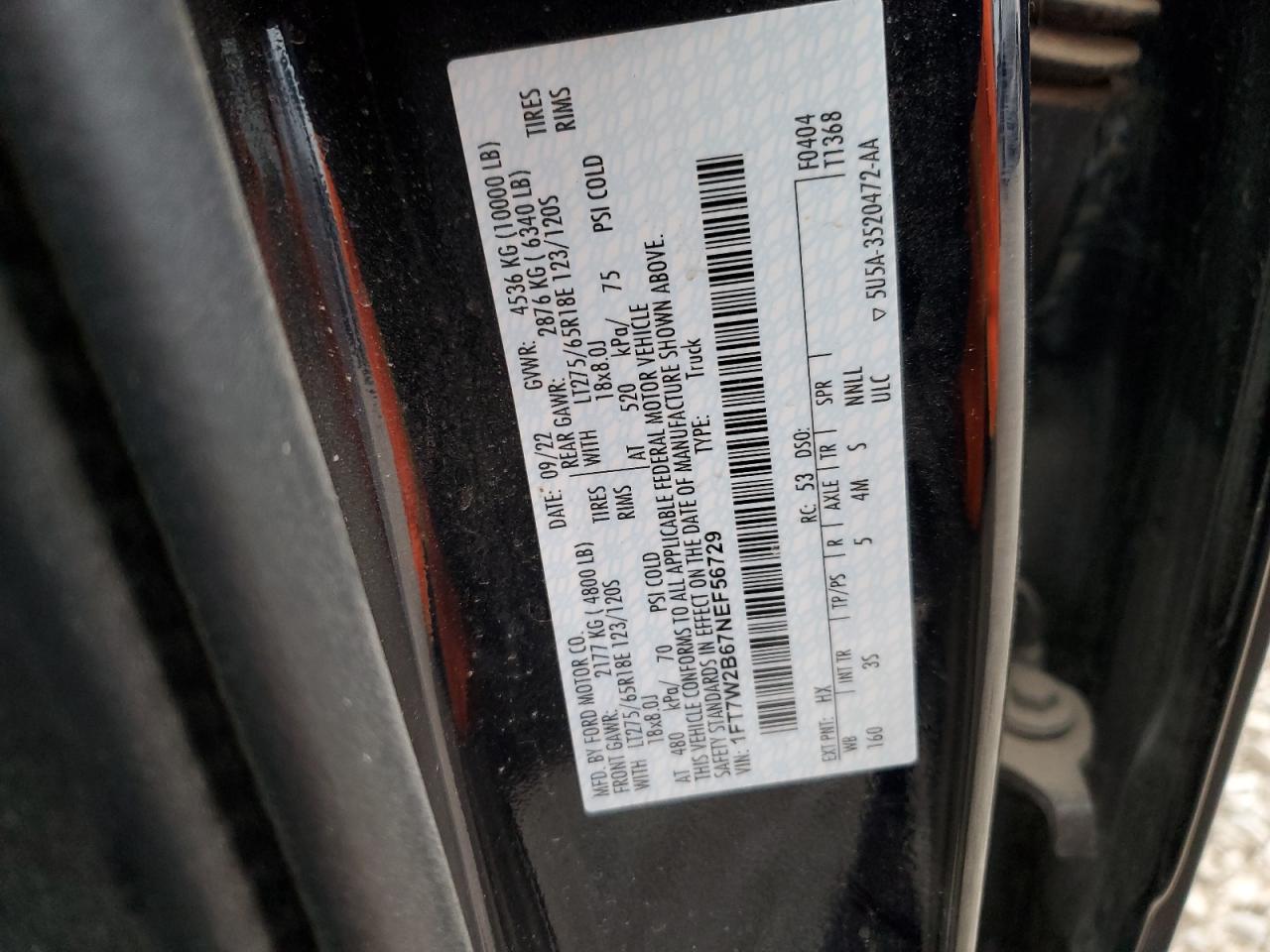 2022 FORD F250 SUPER DUTY VIN:1FT7W2B67NEF56729