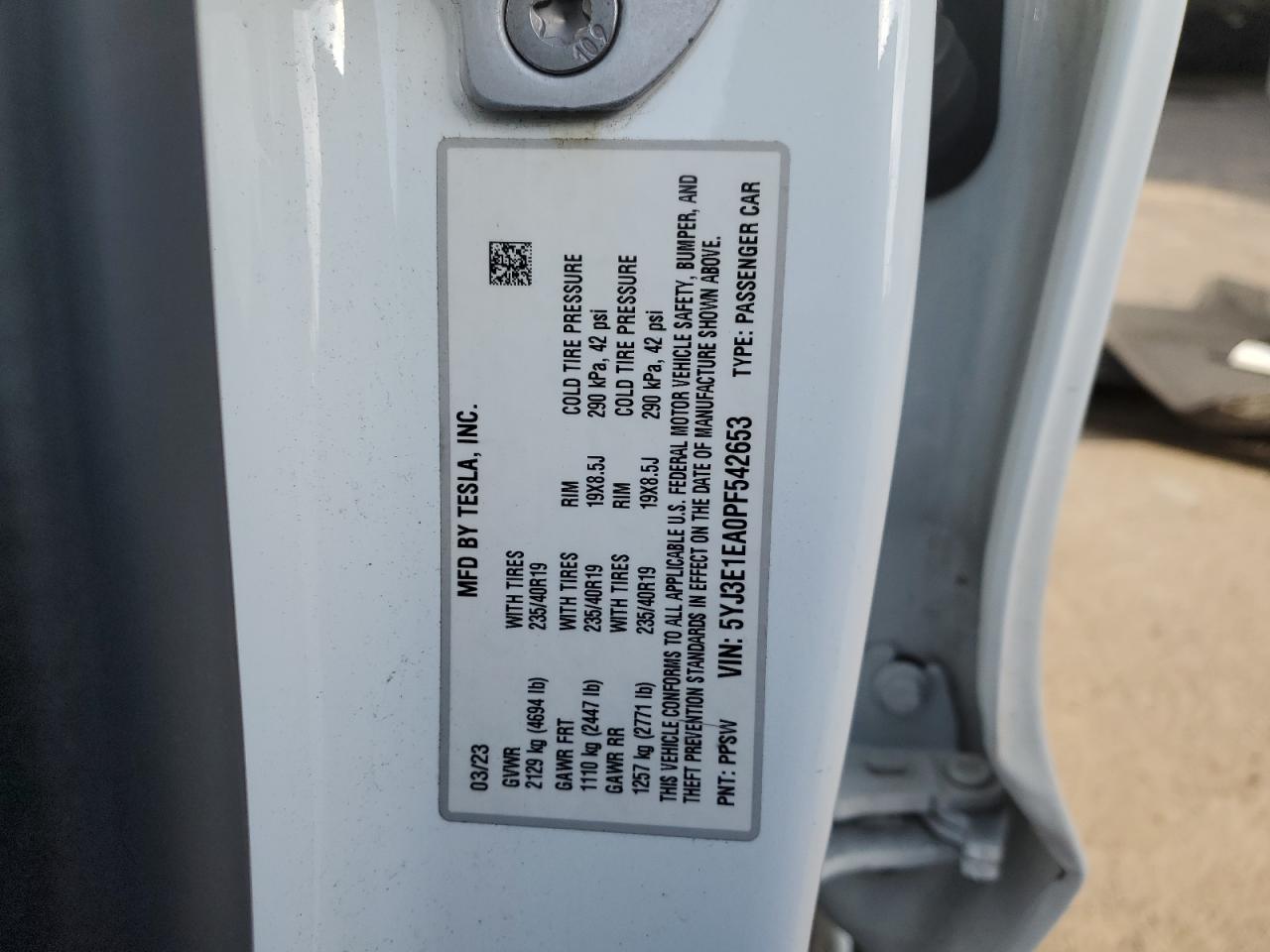 2023 TESLA MODEL 3  VIN:5YJ3E1EA0PF542653