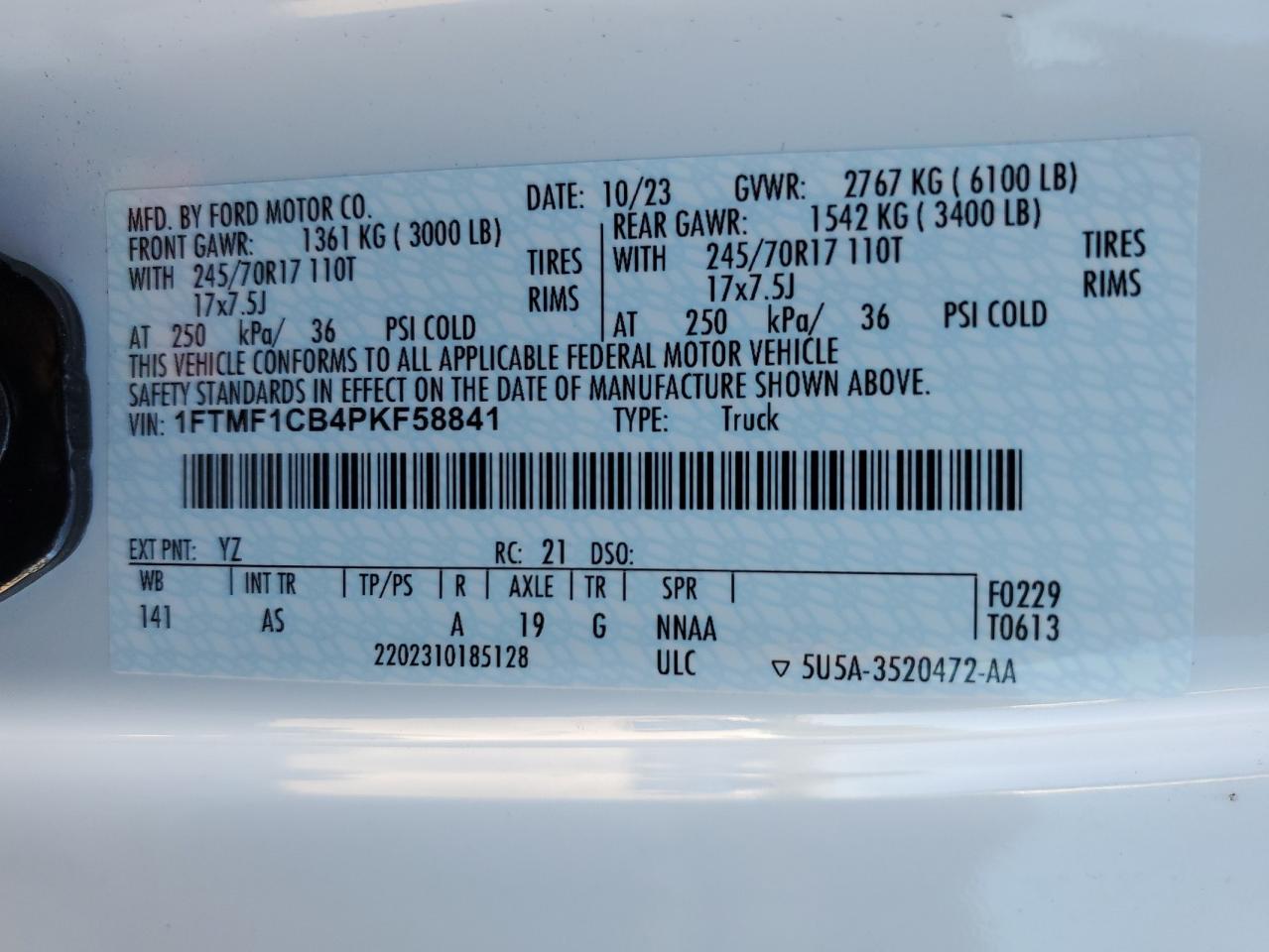 2023 FORD F150  VIN:1FTMF1CB4PKF58841