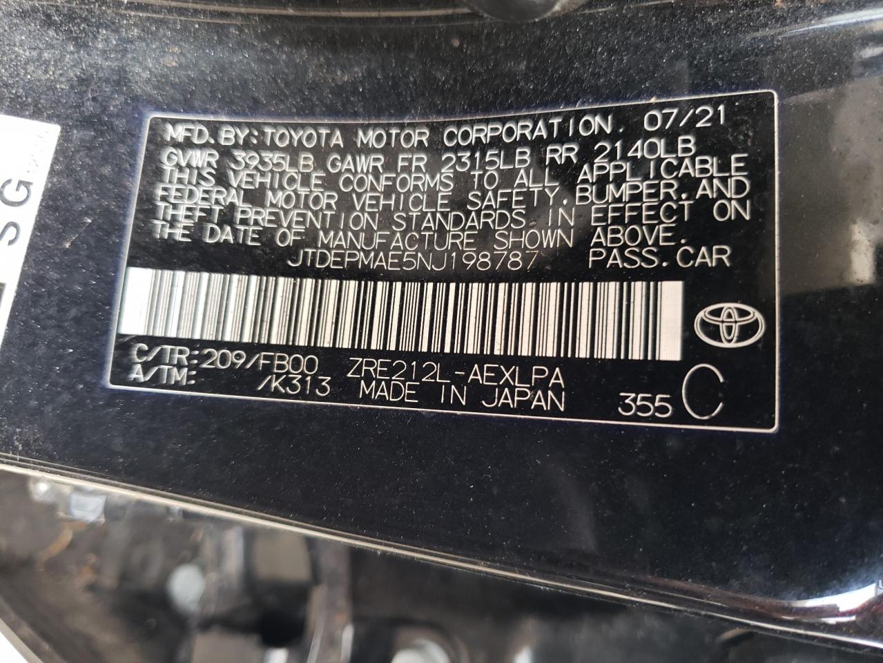 2022 TOYOTA COROLLA LE VIN:JTDEPMAE5NJ198787