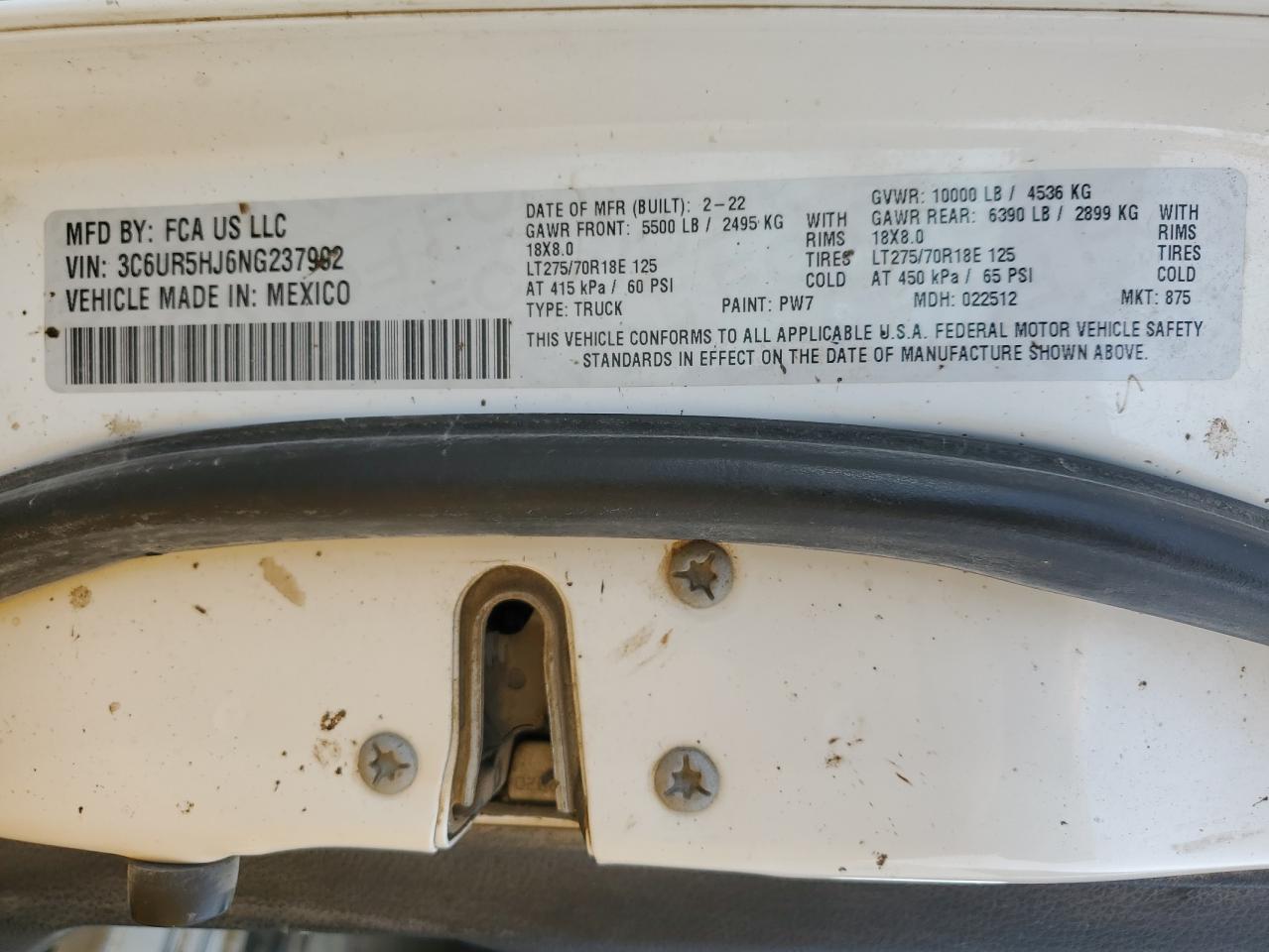 2022 RAM 2500 TRADESMAN VIN:3C6UR5HJ6NG237992