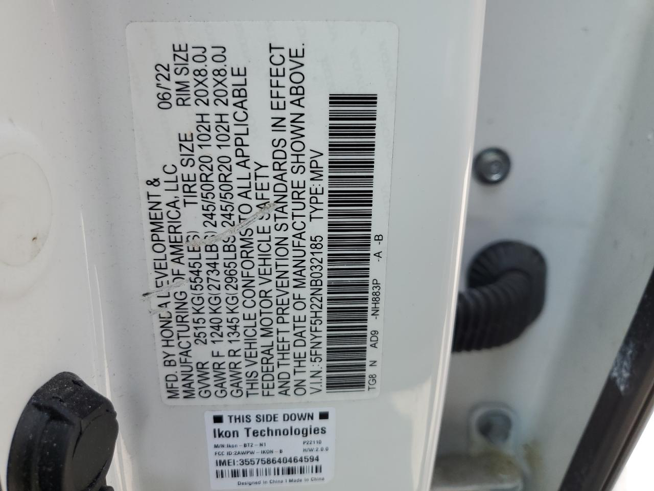 2022 HONDA PILOT SE VIN:5FNYF5H22NB032185