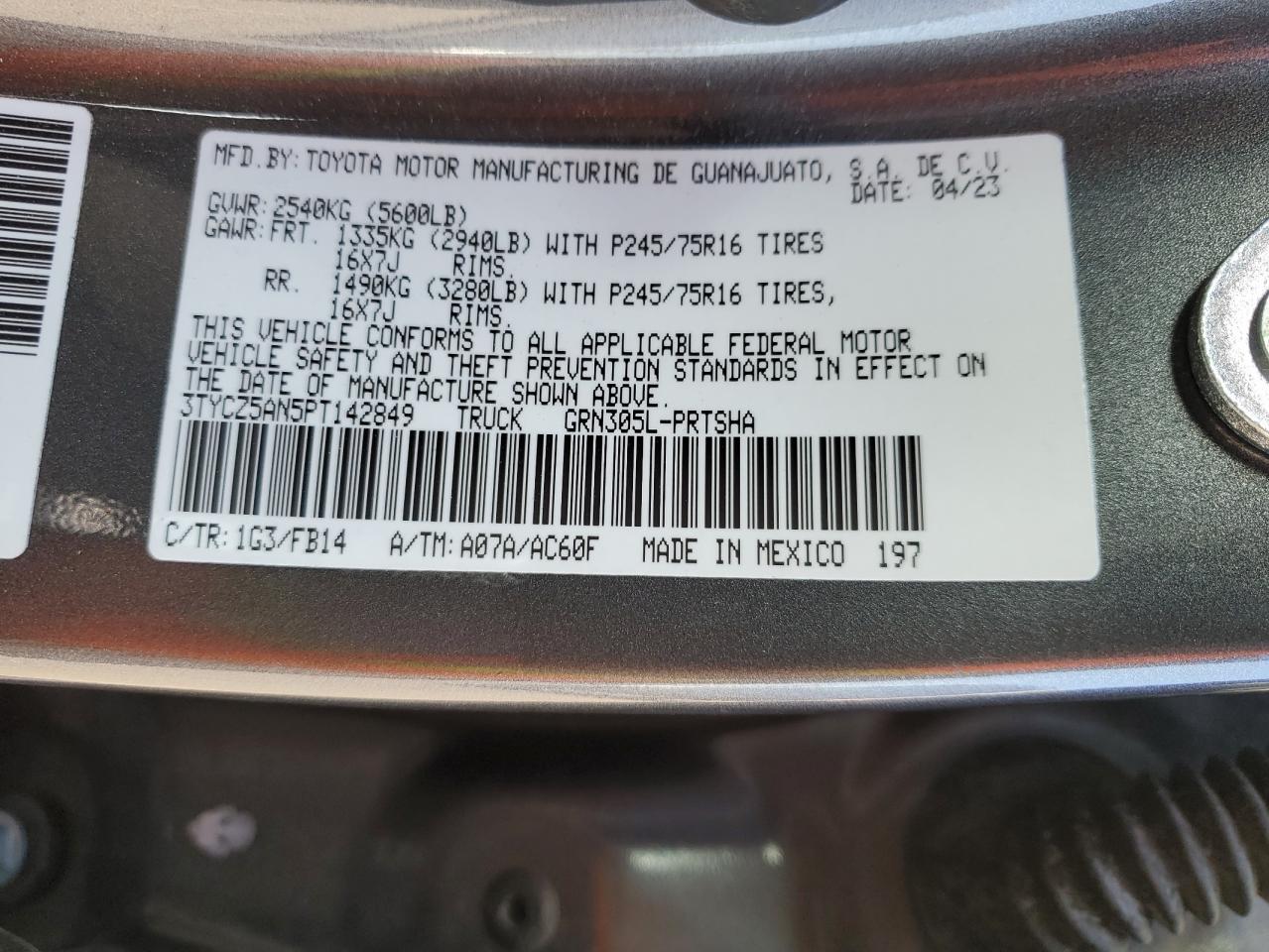 2023 TOYOTA TACOMA DOUBLE CAB VIN:3TYCZ5AN5PT142849