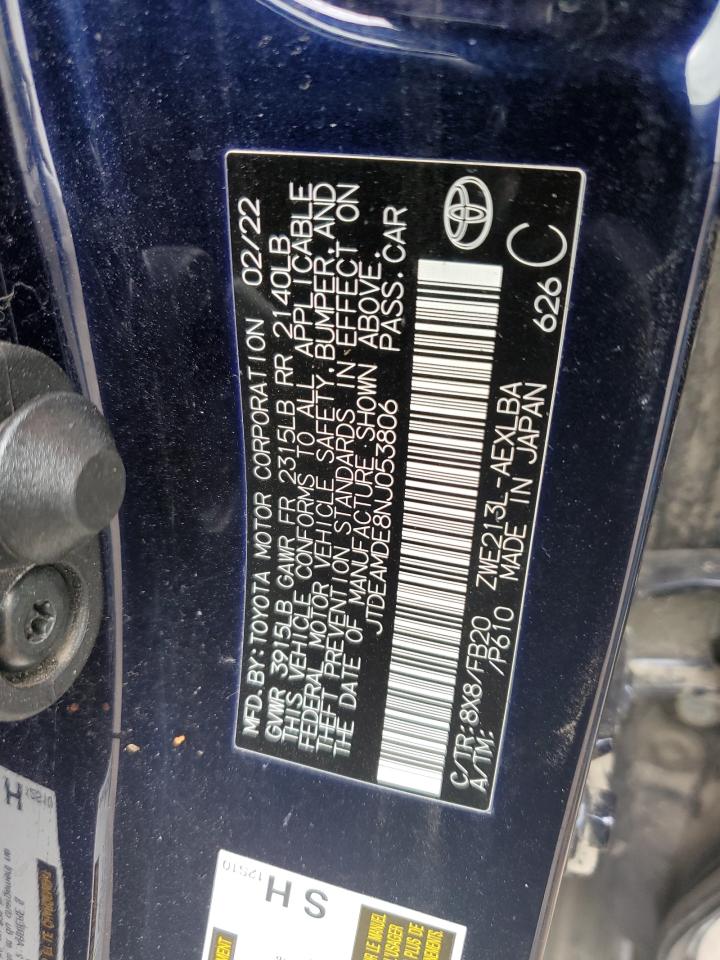 2022 TOYOTA COROLLA LE VIN:JTDEAMDE8NJ053806