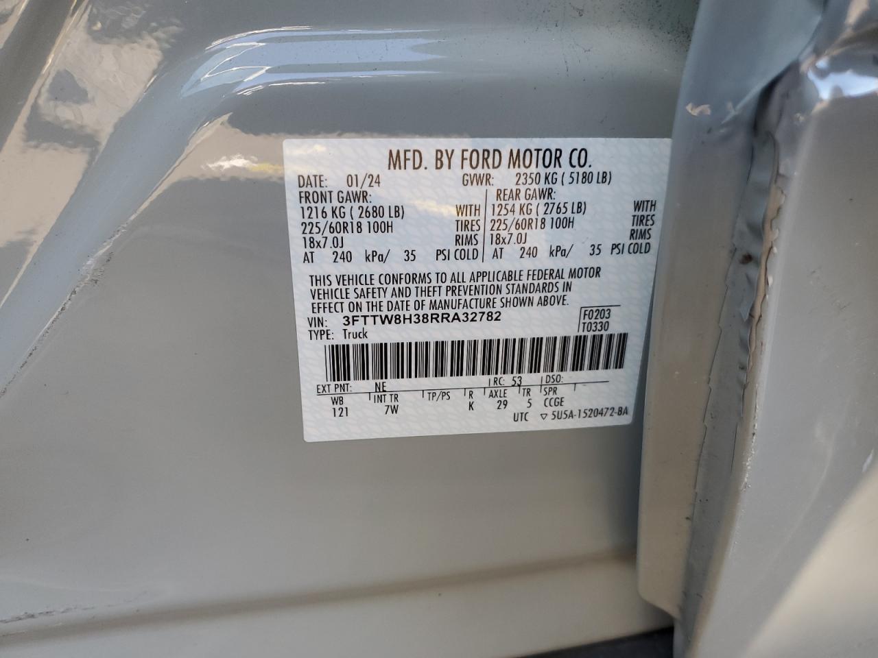 2024 FORD MAVERICK XLT VIN:3FTTW8H38RRA32782