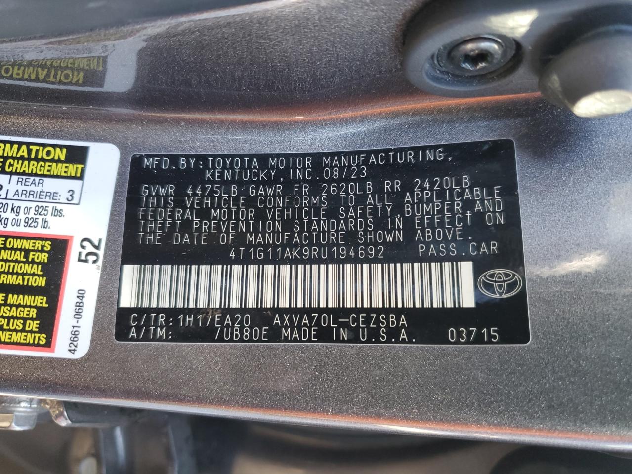 2024 TOYOTA CAMRY SE NIGHT SHADE VIN:4T1G11AK9RU194692