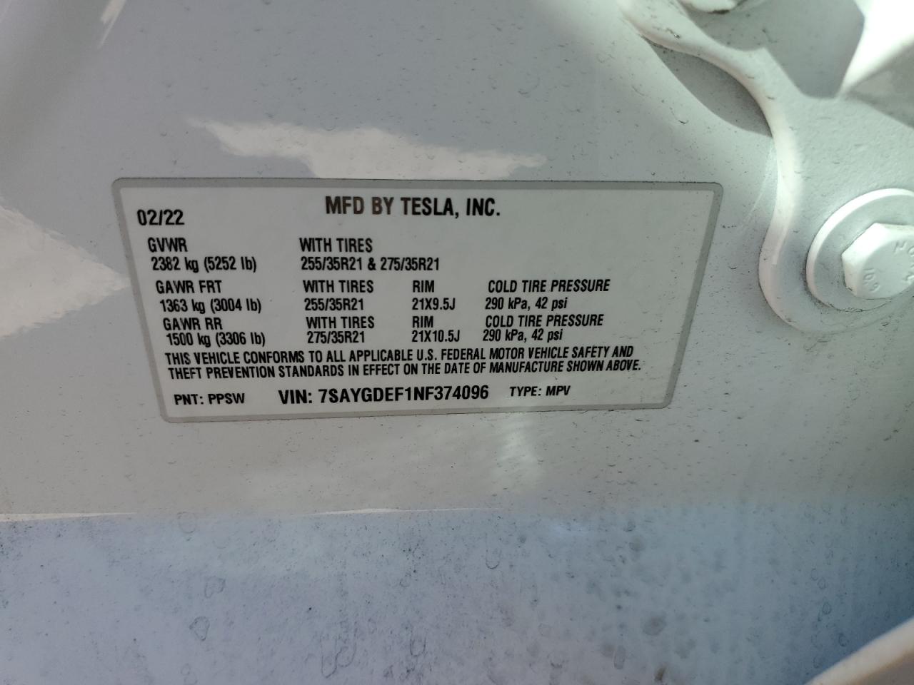 2022 TESLA MODEL Y  VIN:7SAYGDEF1NF374096